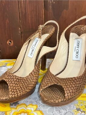 Jimmy Choo Tan Textured Slingback Peep-Toe Heels